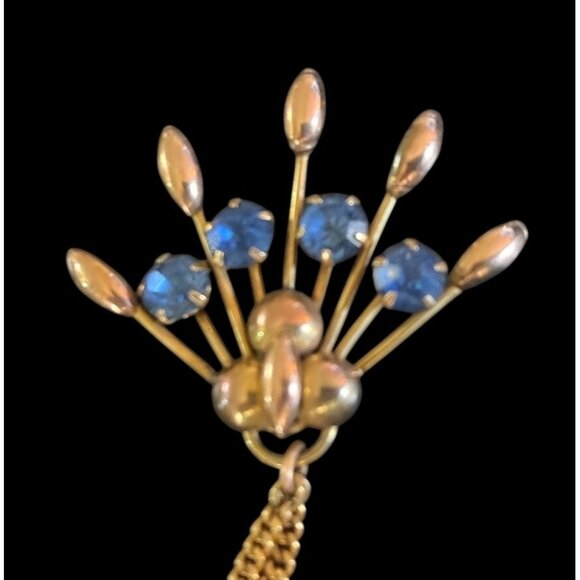 Vtg Star-Art Gold-Tone Double Brooch Blue Rhinestones & Draped Chains - Picture 4 of 6